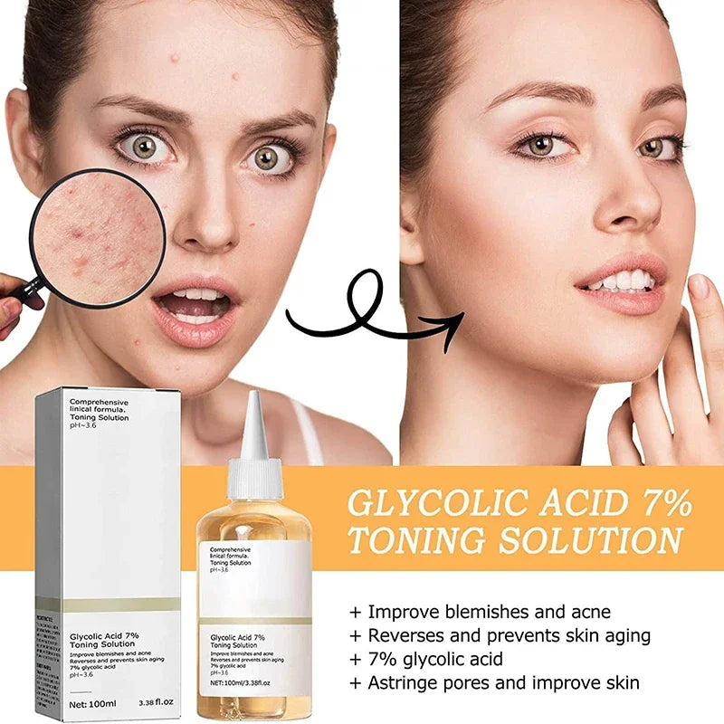 100ml Glycolic Acid 7% Toning Solution Lift Firm Wrinkles Dispel Acne Lighten Pore Glow Facial Skin Care Gift Acid Toner Makeup