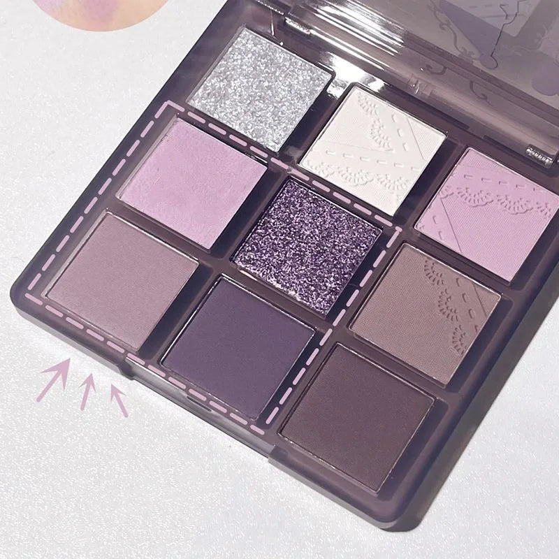 Smoke Purple Lace Eye Shadow Palette Matte Glitter 9-Color Eyeshadow Long Lasting Shimmer Shiny Eyes Make Up Palette Cosmetics