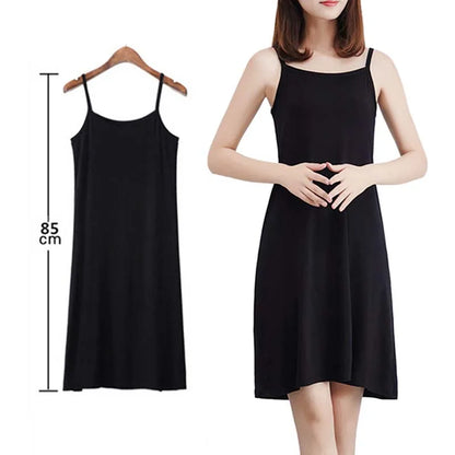 Women Polyester  Solid Color Casual Dress Camisole Spaghetti Strap Long Tank Top Slip Mini Dress Black White Nude Color