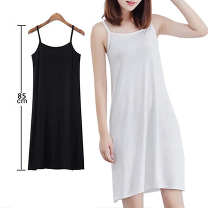 Women Polyester  Solid Color Casual Dress Camisole Spaghetti Strap Long Tank Top Slip Mini Dress Black White Nude Color