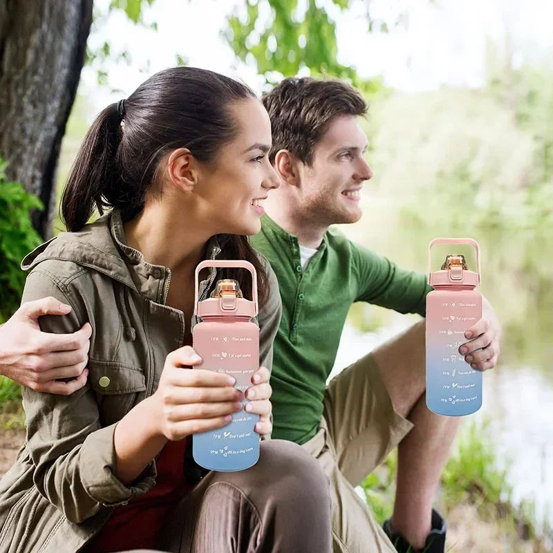 2L Large Capacity Plastic Water Bottle Time Scale Label Sticker Space Cup Spring Cap Painted Gradient Color Water Cup