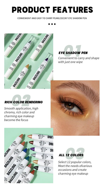12 Colors Pearlescent Eyeshadow Pencil Waterproof Long Lasting Glitter Shimmer Eye Shadow Pen Eyeliner Stick Eyes Makeup Tools