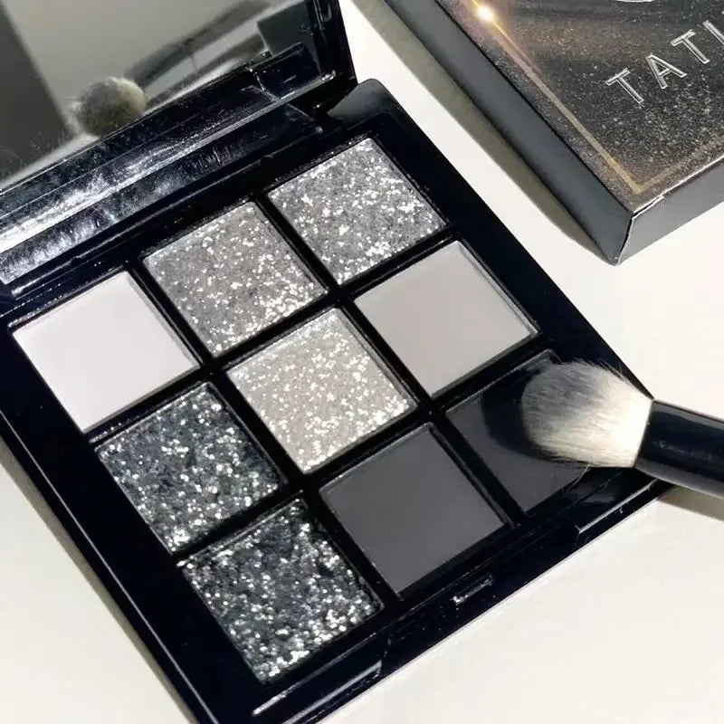 9 Colors Punk Smokey Matte Glitter Eyeshadow Palette Shimmer Eye Shadow Makeup Palette Cool Toned Gray Black Eye Pigment Palette