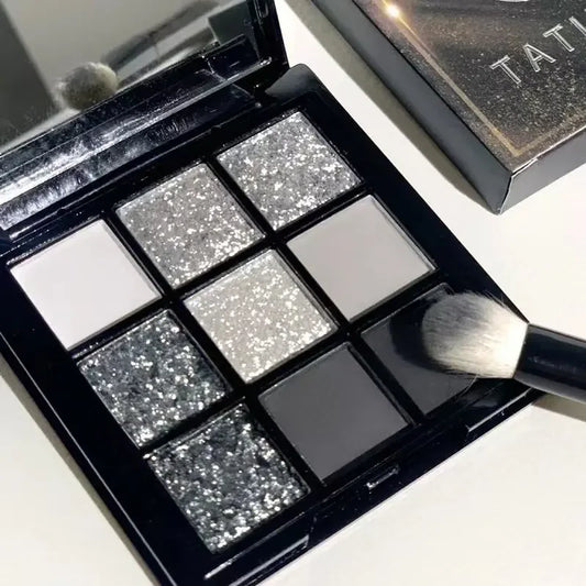 9 Colors Punk Smokey Matte Glitter Eyeshadow Palette Shimmer Eye Shadow Makeup Palette Cool Toned Gray Black Eye Pigment Palette