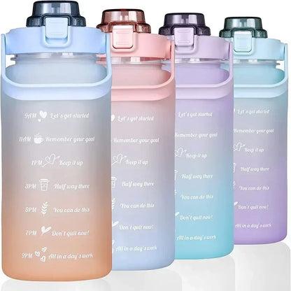 2L Large Capacity Plastic Water Bottle Time Scale Label Sticker Space Cup Spring Cap Painted Gradient Color Water Cup