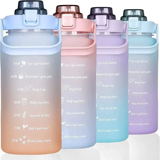 2L Large Capacity Plastic Water Bottle Time Scale Label Sticker Space Cup Spring Cap Painted Gradient Color Water Cup