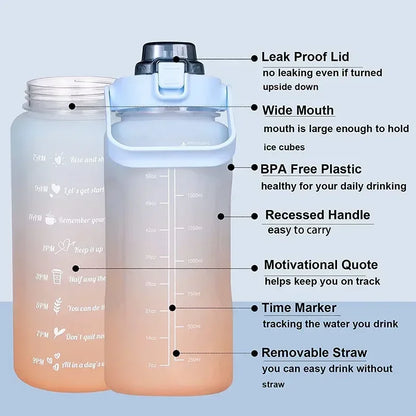 2L Large Capacity Plastic Water Bottle Time Scale Label Sticker Space Cup Spring Cap Painted Gradient Color Water Cup