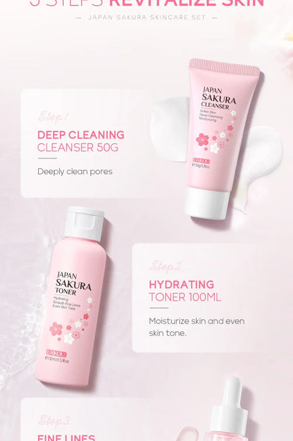 LAIKOU Sakura Kit Skin Care Sets Moisturizing and Reducing Fine Lines Cleansing Pore Product 5-Piece Korean Skincare Set
