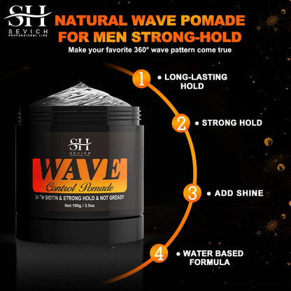 Natural Wave Control Pomade for Black Men Strong Hold 360 Waves Layered Style Clay Wavy Grease Builder for Hair Silky Shine