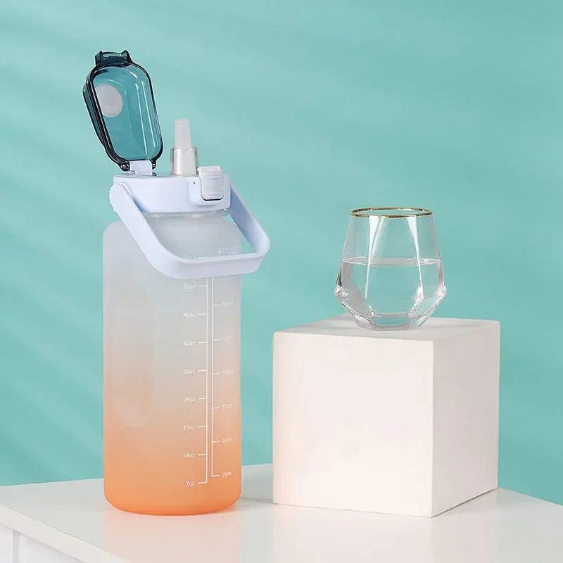2L Large Capacity Plastic Water Bottle Time Scale Label Sticker Space Cup Spring Cap Painted Gradient Color Water Cup