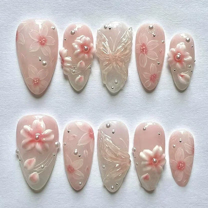 24Pcs Mid-length 3D Flowers Design Fingertips Sweet Butterfly Yellow Ripple Almond False Nails Detachable Full Cover Press Ons