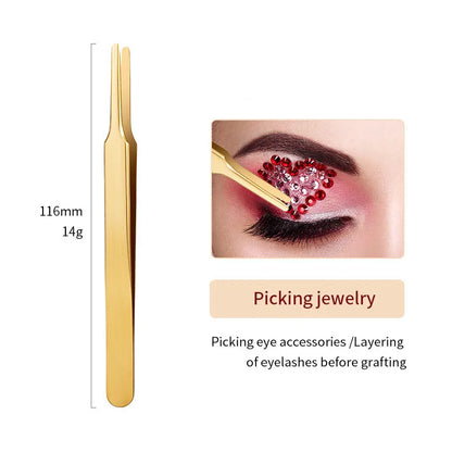 1PC Eyelash Tweezer For False Eyelash Extension Lash Fan Eyebrows Nail Art Clip Cilia Gold Stainless Steel Tweezers Makeup Tools