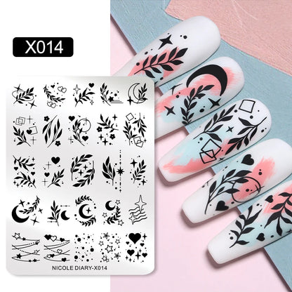 NICOLE DIARY Leaves Flower Nail Art Stamping Plates Drawing Template Geometric Stripe Line 3D Image Stencil Mold Printing Tools