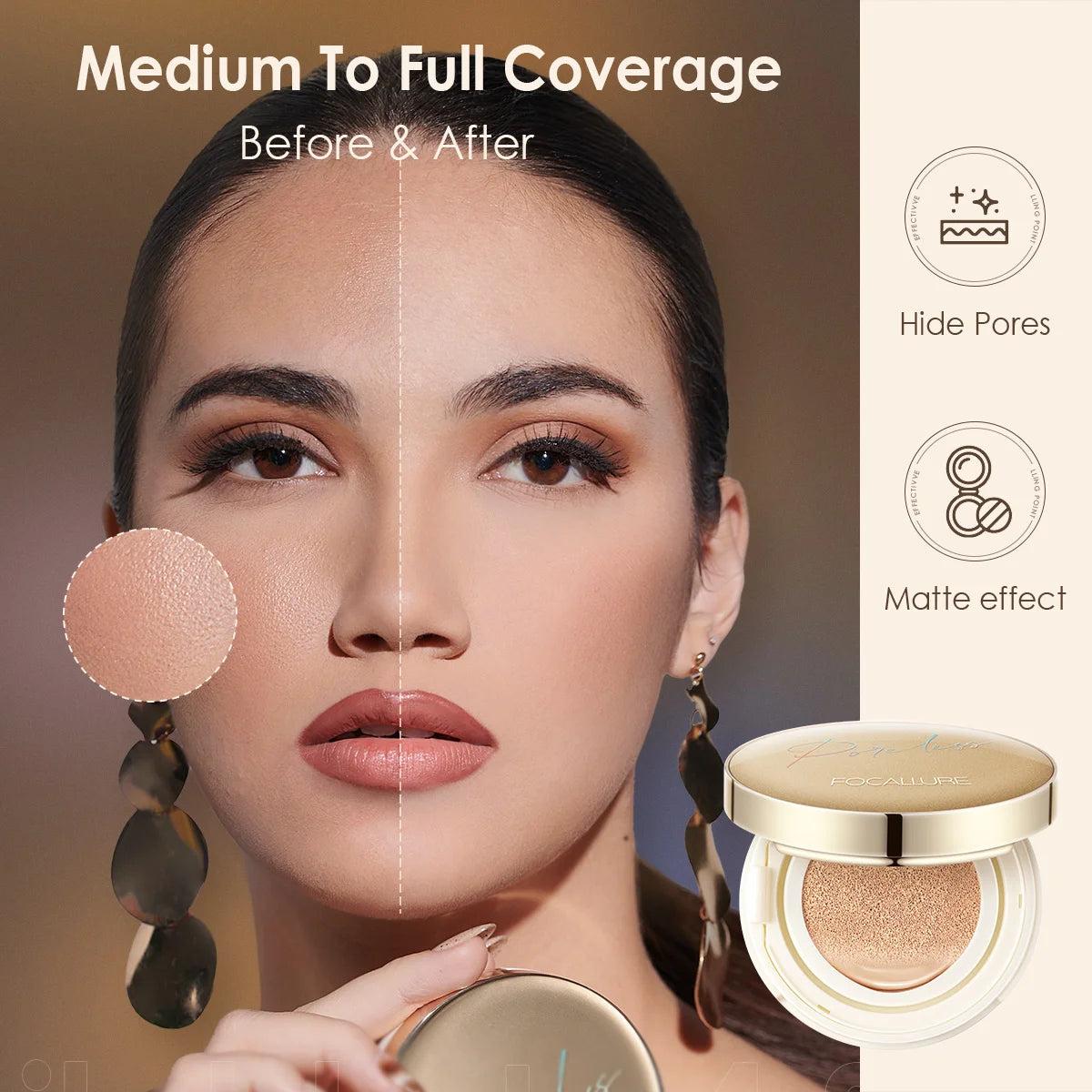 FOCALLURE Foundation Air Cushion Waterproof Matte Base Poreless Full Coverage Face Cream Smooth Foundation Cosmetics