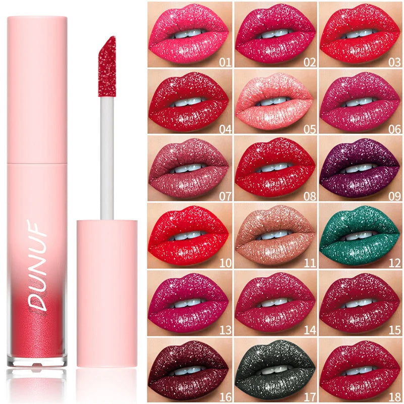 Waterproof Diamond Shimmer Glitter Lip Gloss 18 Colors Matte Glitter Liquid Lipstick Diamond Pearl Colour Lip Gloss Sexy Make Up