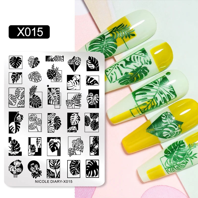 NICOLE DIARY Leaves Flower Nail Art Stamping Plates Drawing Template Geometric Stripe Line 3D Image Stencil Mold Printing Tools