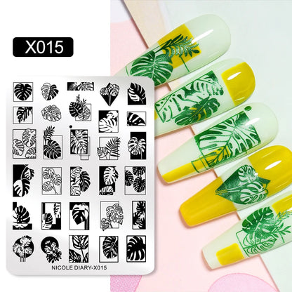 NICOLE DIARY Leaves Flower Nail Art Stamping Plates Drawing Template Geometric Stripe Line 3D Image Stencil Mold Printing Tools