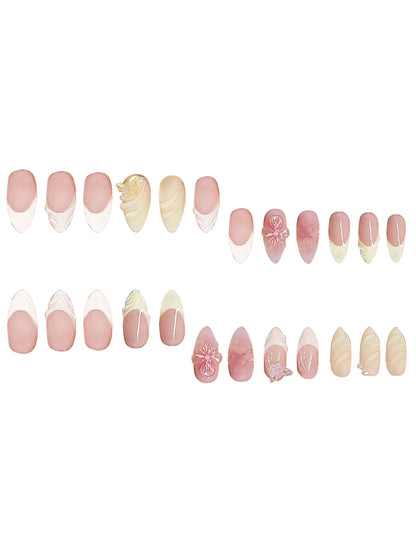 24Pcs Mid-length 3D Flowers Design Fingertips Sweet Butterfly Yellow Ripple Almond False Nails Detachable Full Cover Press Ons