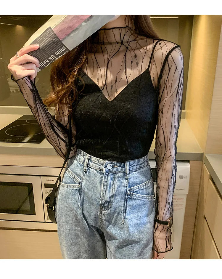 Elegant Lace T-shirt For Women Mesh Long Sleeve Tops Hot Sexy Transparent High Neck Black Lace Bottoming Shirts Punk Tee Tops