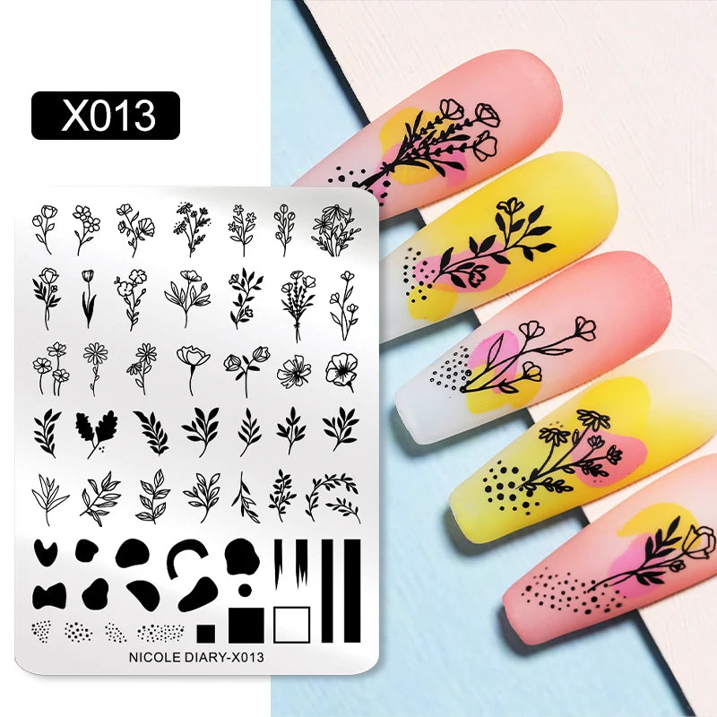 NICOLE DIARY Leaves Flower Nail Art Stamping Plates Drawing Template Geometric Stripe Line 3D Image Stencil Mold Printing Tools