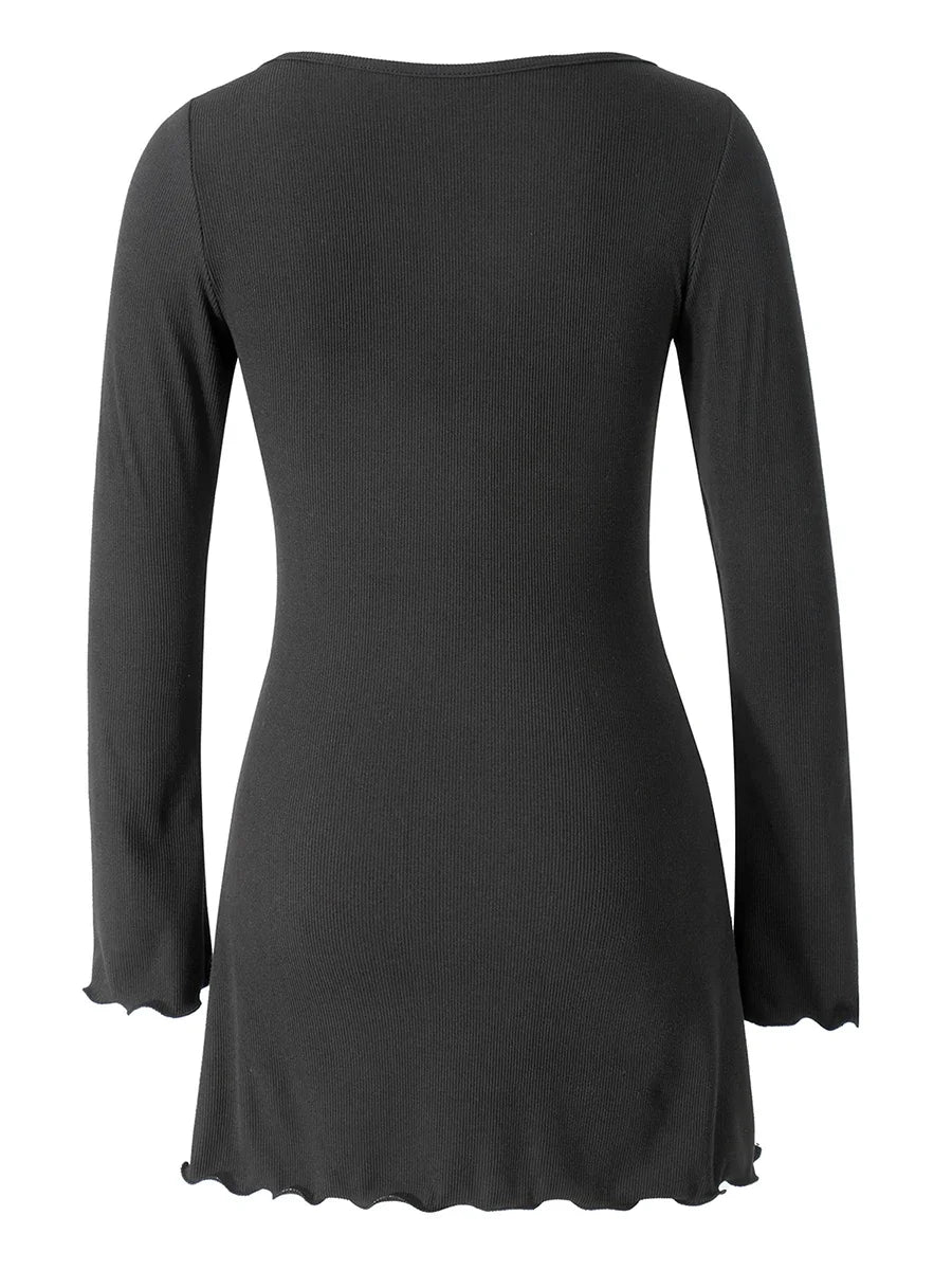 Women Casual A-Line Dress Ribbed Long Sleeve Ruffles Solid Color Elegant Dress V-Neck Slim Fit Mini Dress Fall New Streetwear