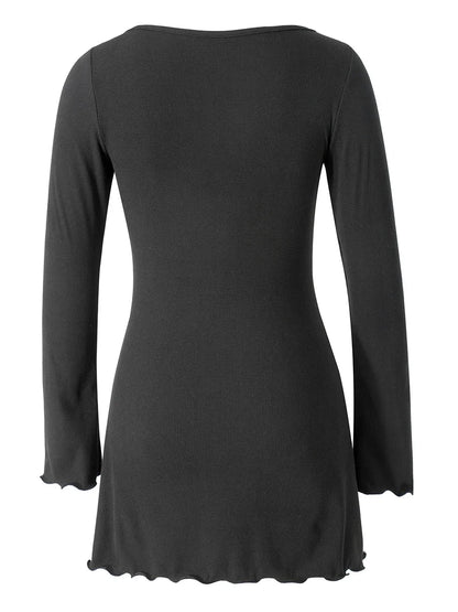 Women Casual A-Line Dress Ribbed Long Sleeve Ruffles Solid Color Elegant Dress V-Neck Slim Fit Mini Dress Fall New Streetwear