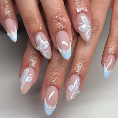 24Pcs Mid-length 3D Flowers Design Fingertips Sweet Butterfly Yellow Ripple Almond False Nails Detachable Full Cover Press Ons