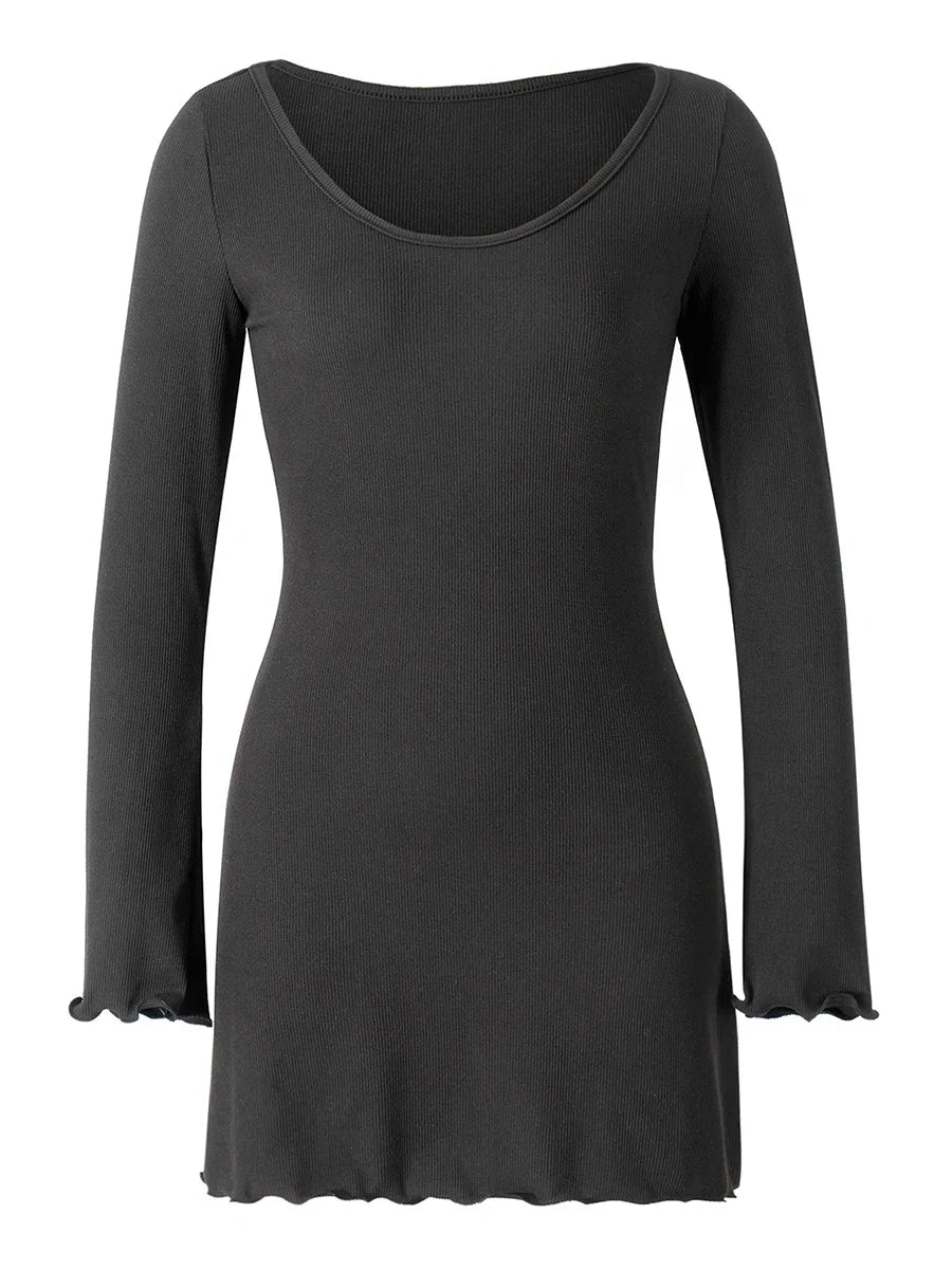 Women Casual A-Line Dress Ribbed Long Sleeve Ruffles Solid Color Elegant Dress V-Neck Slim Fit Mini Dress Fall New Streetwear