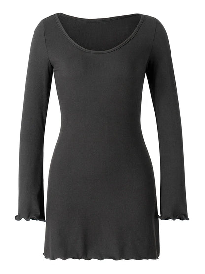 Women Casual A-Line Dress Ribbed Long Sleeve Ruffles Solid Color Elegant Dress V-Neck Slim Fit Mini Dress Fall New Streetwear