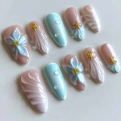 24Pcs Mid-length 3D Flowers Design Fingertips Sweet Butterfly Yellow Ripple Almond False Nails Detachable Full Cover Press Ons