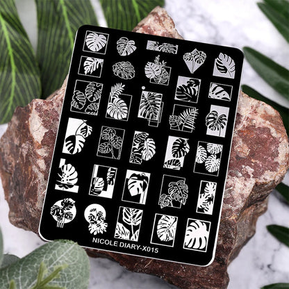 NICOLE DIARY Leaves Flower Nail Art Stamping Plates Drawing Template Geometric Stripe Line 3D Image Stencil Mold Printing Tools