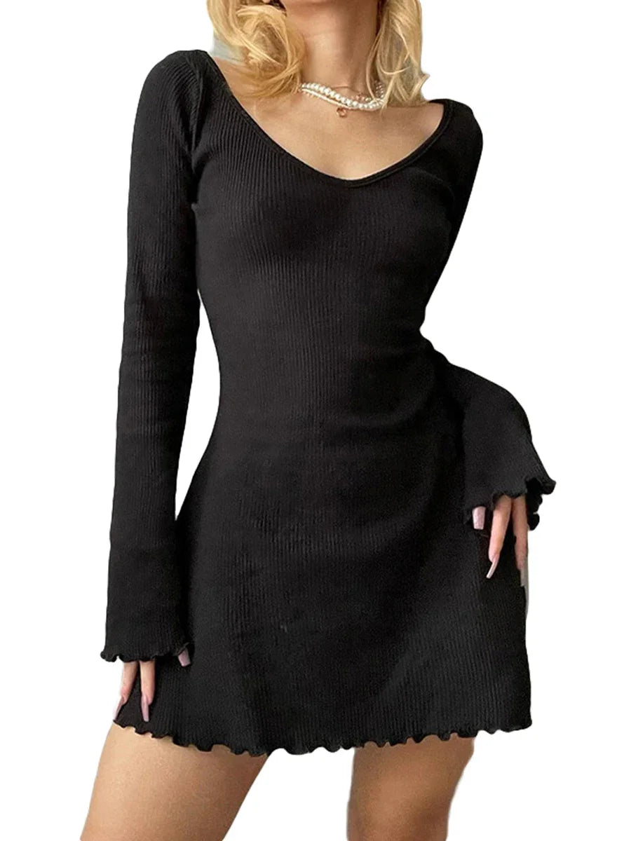 Women Casual A-Line Dress Ribbed Long Sleeve Ruffles Solid Color Elegant Dress V-Neck Slim Fit Mini Dress Fall New Streetwear