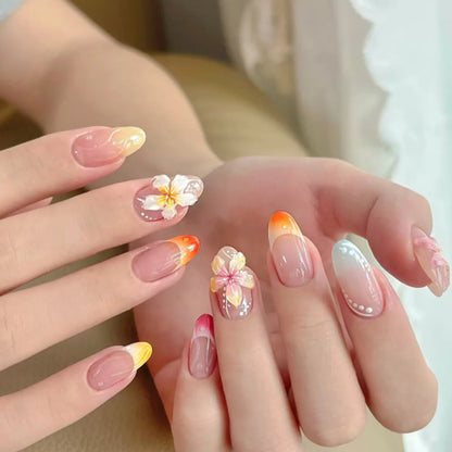 24Pcs Mid-length 3D Flowers Design Fingertips Sweet Butterfly Yellow Ripple Almond False Nails Detachable Full Cover Press Ons